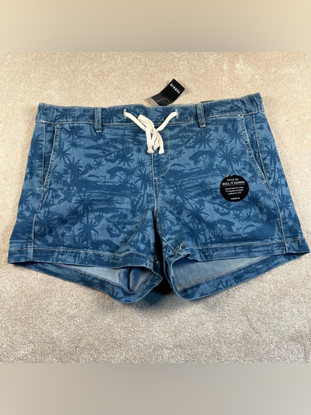 Torrid Shorts Blue Denim Jean Weekend 3.5" Super Soft Tropical Print Tie Waist L